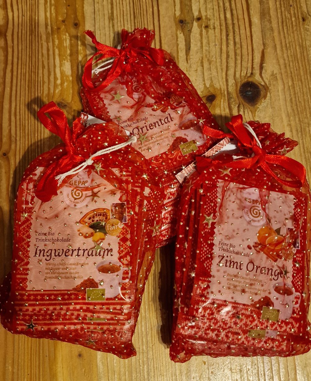 Bio-Trinkschokolade "Winterfreude" in drei Geschmacksrichtungen Ingwertraum, Oriental und Zimt-Orange